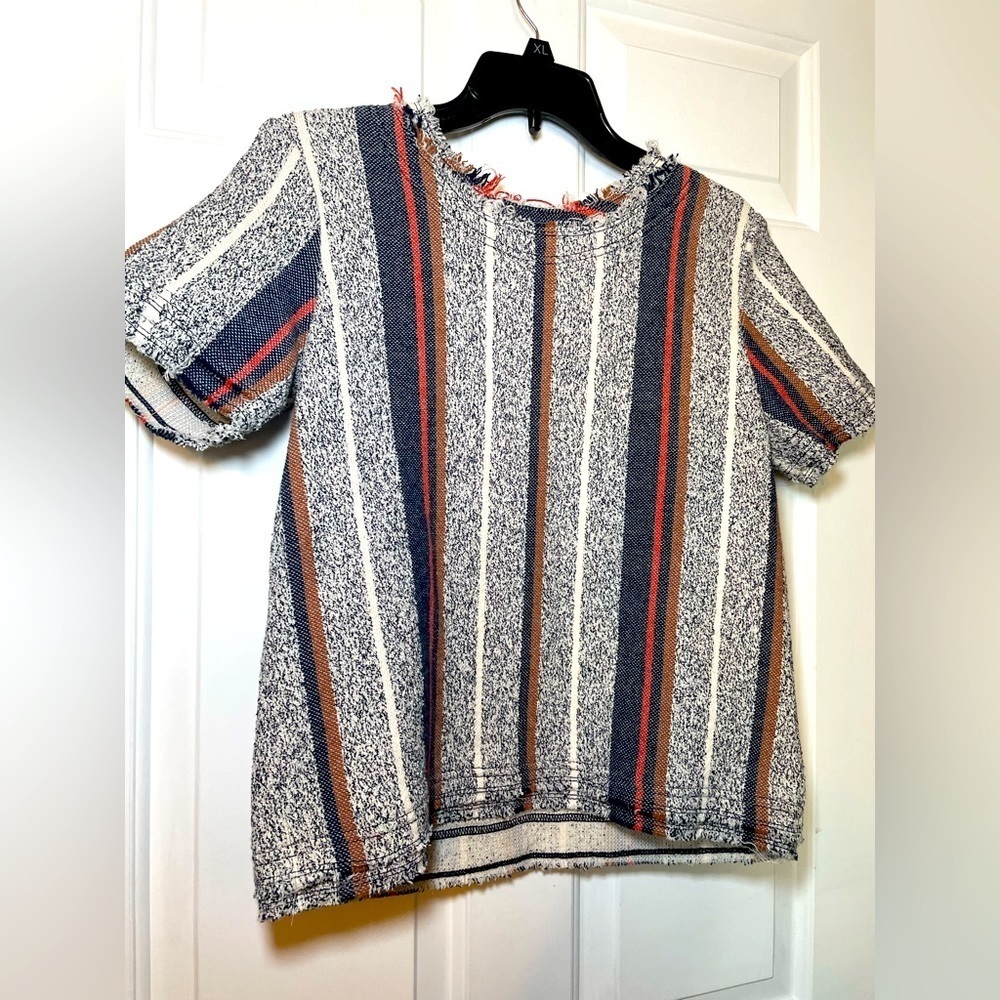 Ann Taylor Short Sleeve Top Size Small Frayed Stripes Cotton Pullover Navy Cream